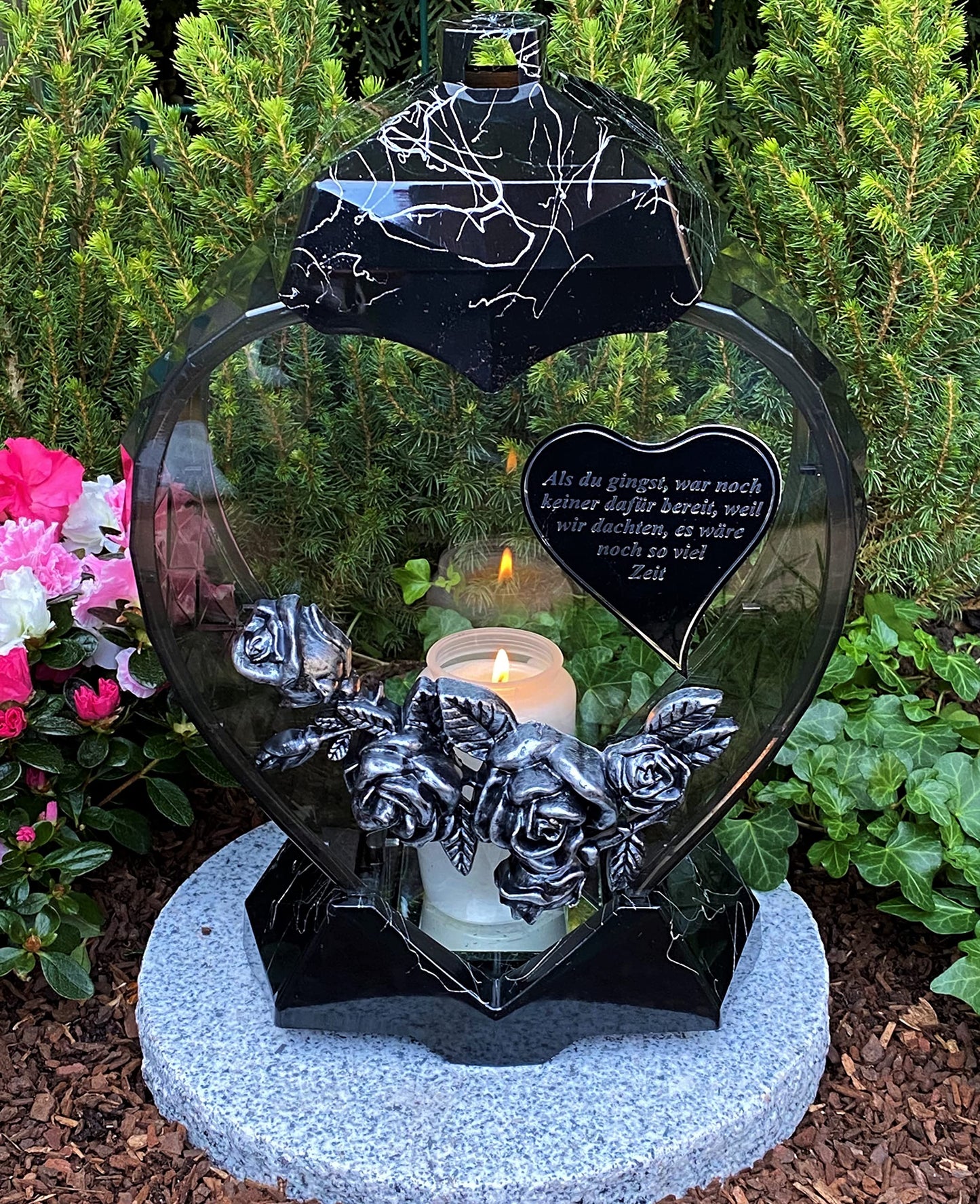 Garden Paradise Handmade Grave Lamp Lantern Heart Shape with inscription NEW - Grave Candle Grave Candle Grave Decoration 33 cm H.! New Model incl. Candle, Black Marble Effect / Hand painted, HEART-3