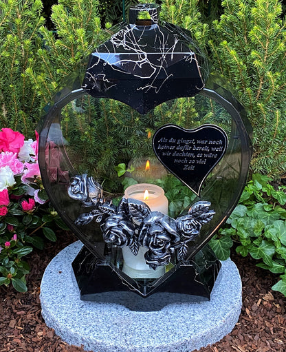 Garden Paradise Handmade Grave Lamp Lantern Heart Shape with inscription NEW - Grave Candle Grave Candle Grave Decoration 33 cm H.! New Model incl. Candle, Black Marble Effect / Hand painted, HEART-3