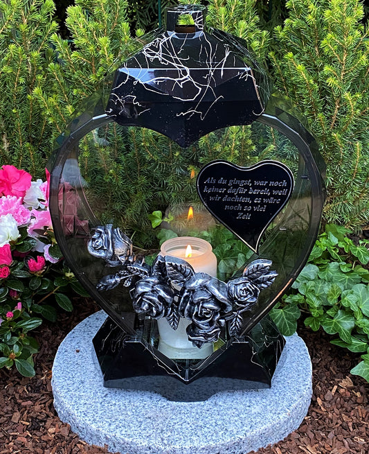 Garden Paradise Handmade Grave Lamp Lantern Heart Shape with inscription NEW - Grave Candle Grave Candle Grave Decoration 33 cm H.! New Model incl. Candle, Black Marble Effect / Hand painted, HEART-3