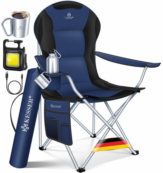 KESSER® camping chair foldable up to 150 kg angling chair folding chair padded with armrests, high backrest beach chair, folding stool including camping light drinks holder bag & cup navy blue