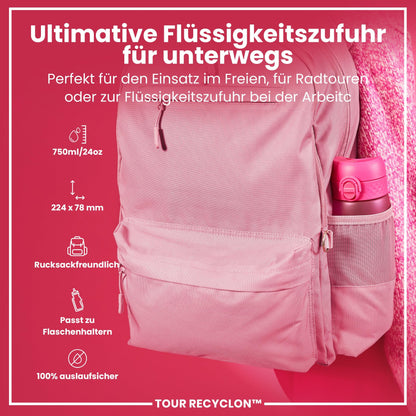 ion8 water bottle, 750ml, leak-proof, one-handed opening, secure lock, dishwasher safe, BPA-free, carry handle, flip lid, ergonomic grip, easy to clean, climate neutral, pink