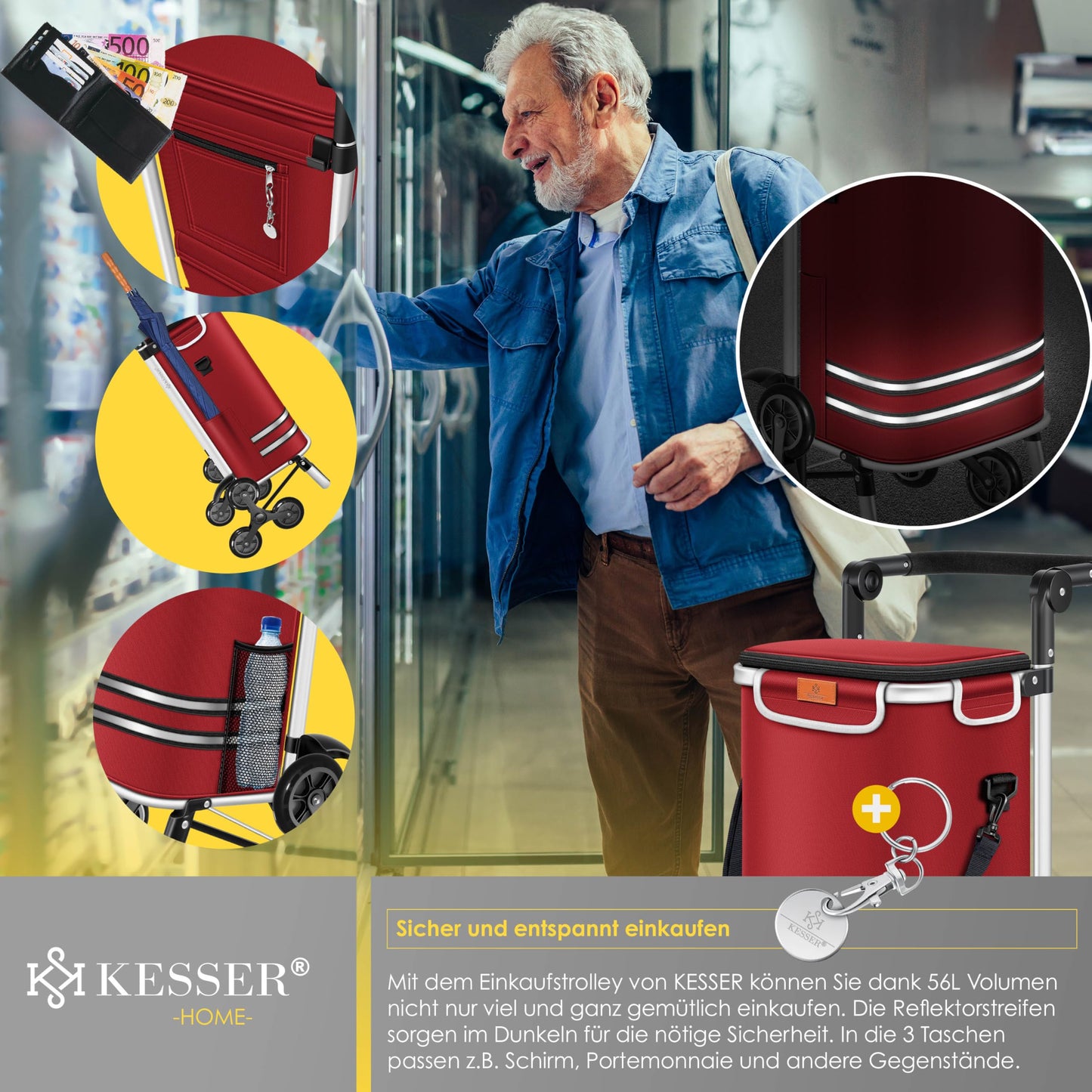 KESSER® Shopping Trolley Stair Climber with Cooler Compartment, foldable with 56L capacity and loadable up to 50kg | 3in1 trolley hand truck & shoulder bag | Foldable shopping cart including shopping chip, Bordeaux