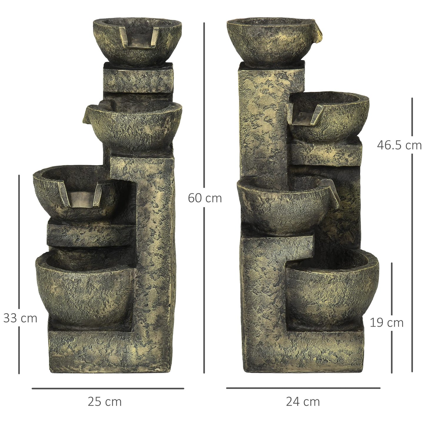 Outsunny resin outdoor fountain with adjustable flow decoration basin 4-tier ornamental fountain for garden patio lawn 25cm x 24cm x 60cm black