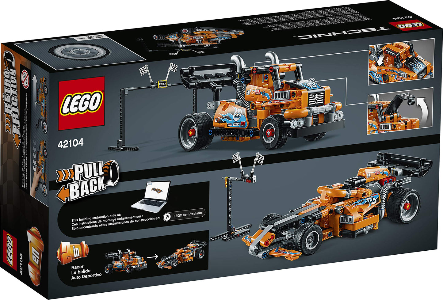 LEGO 42104 Technic Race Truck or Race Car, 2-in-1 model with pull-back motor, collection of racing vehicles.