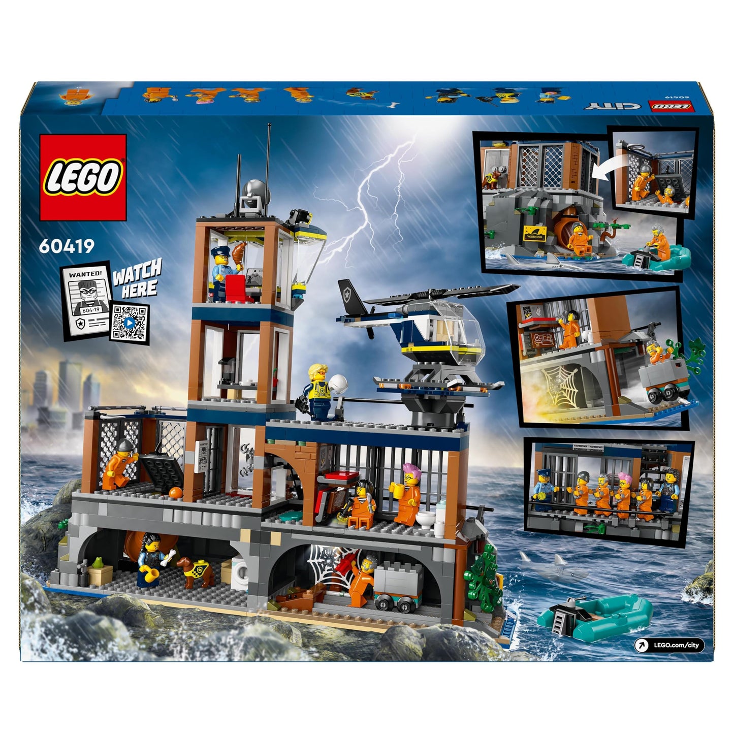 LEGO City Police Station on the Prison Island, police toy with helicopter, boat, and shark, set with 7 minifigures and dog, birthday gift for boys and girls aged 7 and up 60419