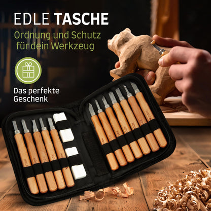 WOODHERO Wood Carving Tool Set (16 pieces) with instructions for 1 carving project - 12 high-quality carving knives for carving with practical tool bag.