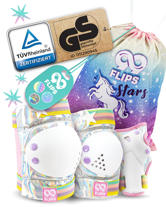 99FLIPS Kids Inline Skates Knee Pads - Inline Skates Protection Set - Protectors - Knee and Elbow Guards - Size S/M Magic Silver - Knee Pads for Skateboarding, Scooters, Roller Skating