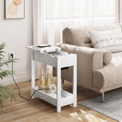 EUGAD Side Table, Bedside Table with Socket, Coffee Table, End Table, Console Table, Foldable Tabletop, 3 Shelves, for Living Room Bedroom Kitchen, White, 0001CHJ