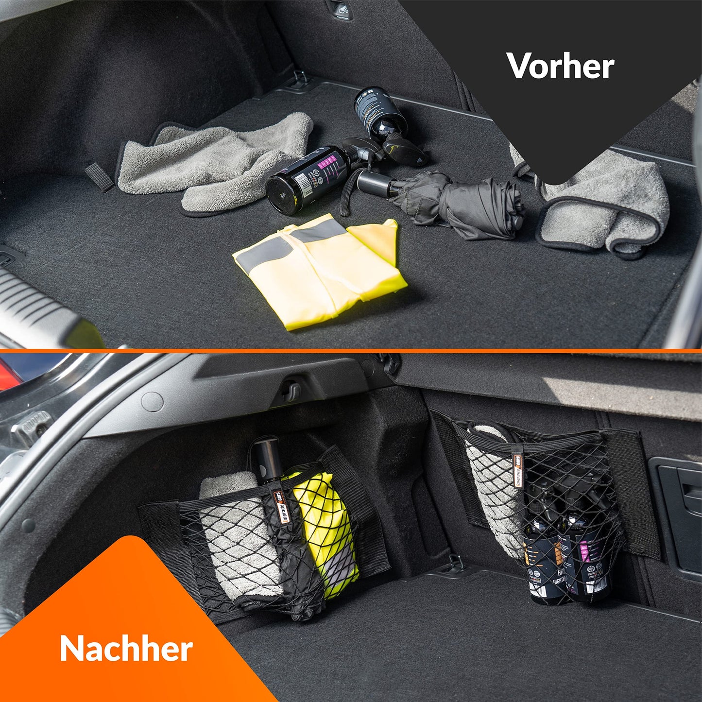 Upgrade4cars Trunk Net Bag Velcro | 4 Car Organizer Nets 40 x 25 cm | Elastic Automotive Storage Net Universal | Car Interior Accessory Gadget