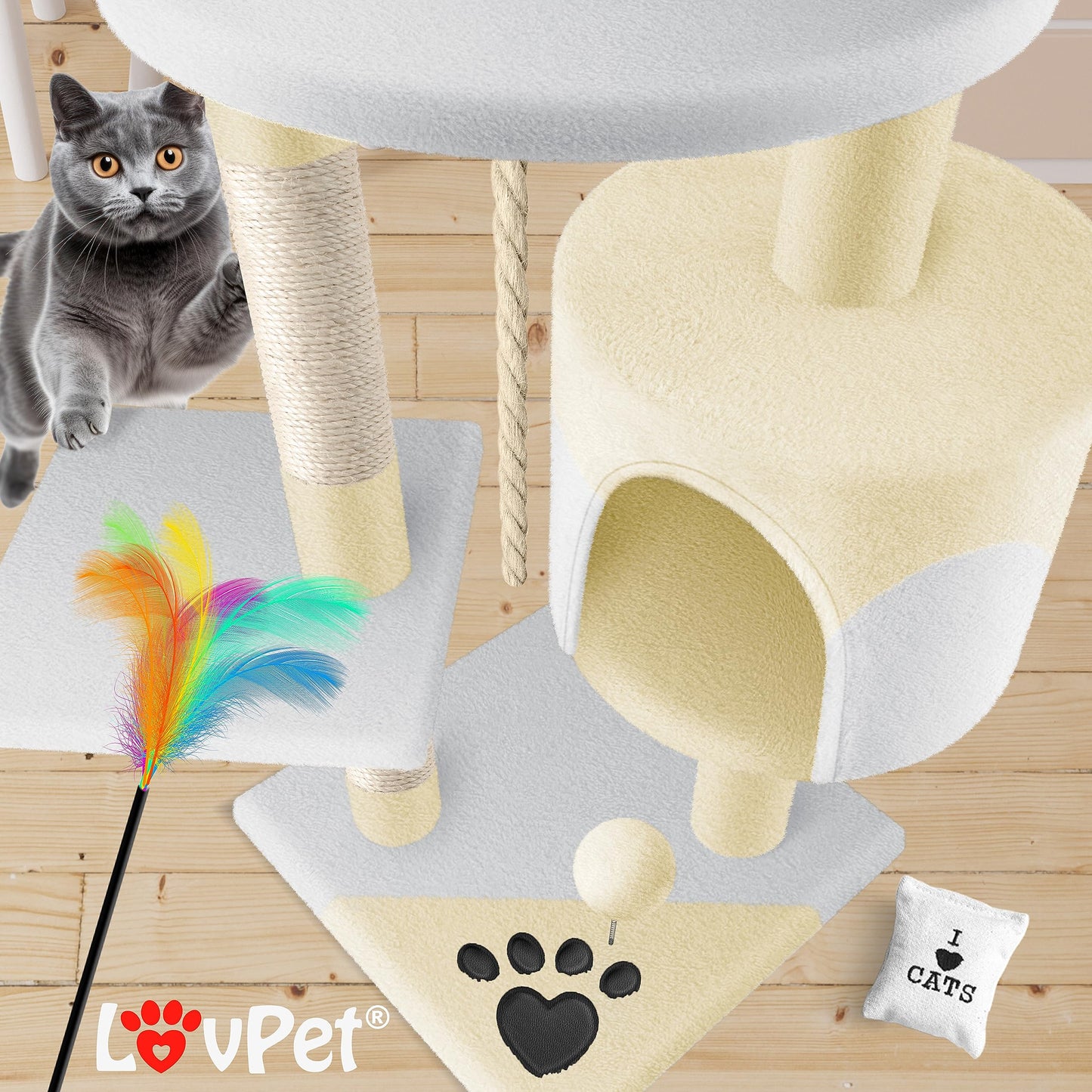 LOVPET® Cat Tree Climbing Tree, with sisal poles, stable, with cave, play balls, playing sisal & play rope, height 112cm, with many cuddling and playing opportunities, Beige/White