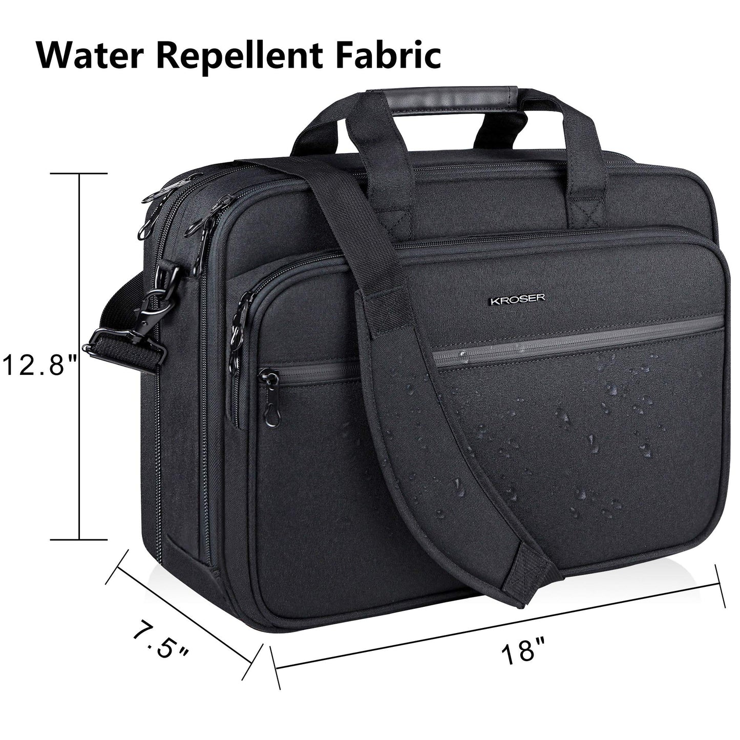 KROSER 18" Laptop Briefcase Fits Up to 17.3" Expandable Waterproof Shoulder Bag Computer Bag with RFID Pockets for Travel/Business/School/Men/Women- Black (MEHRWEG)