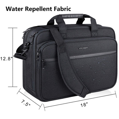 KROSER 18" Laptop Briefcase Fits Up to 17.3" Expandable Waterproof Shoulder Bag Computer Bag with RFID Pockets for Travel/Business/School/Men/Women- Black (MEHRWEG)