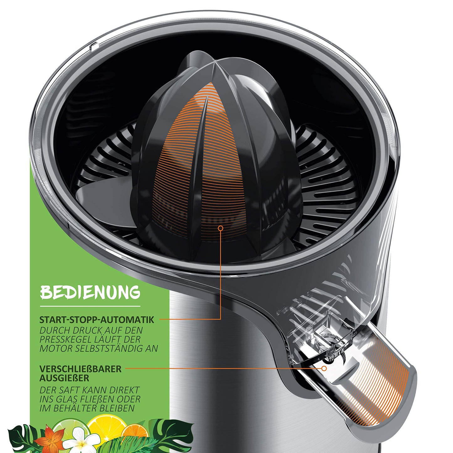 Arendo - Electric stainless steel lemon squeezer - Juicer, orange squeezer, lime squeezer - Start-stop automatic function - large and small juicing cones - strainer insert - BPA free