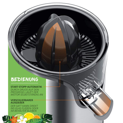 Arendo - Electric stainless steel lemon squeezer - Juicer, orange squeezer, lime squeezer - Start-stop automatic function - large and small juicing cones - strainer insert - BPA free