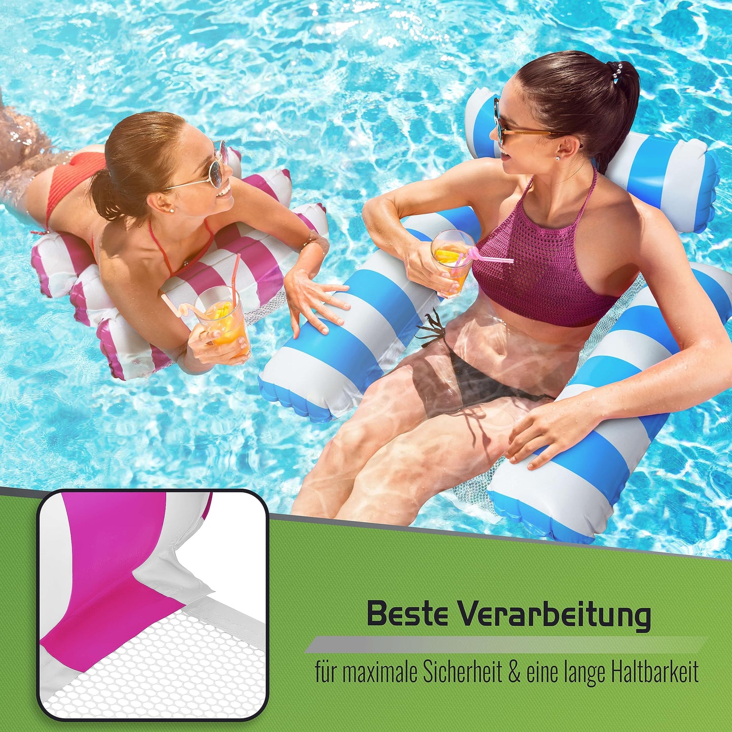 Balinco inflatable air mattress pool chair with backrest and armrests, swimming seat, pool chair, sun lounger, water relaxation chair (light blue/white + pink/white)