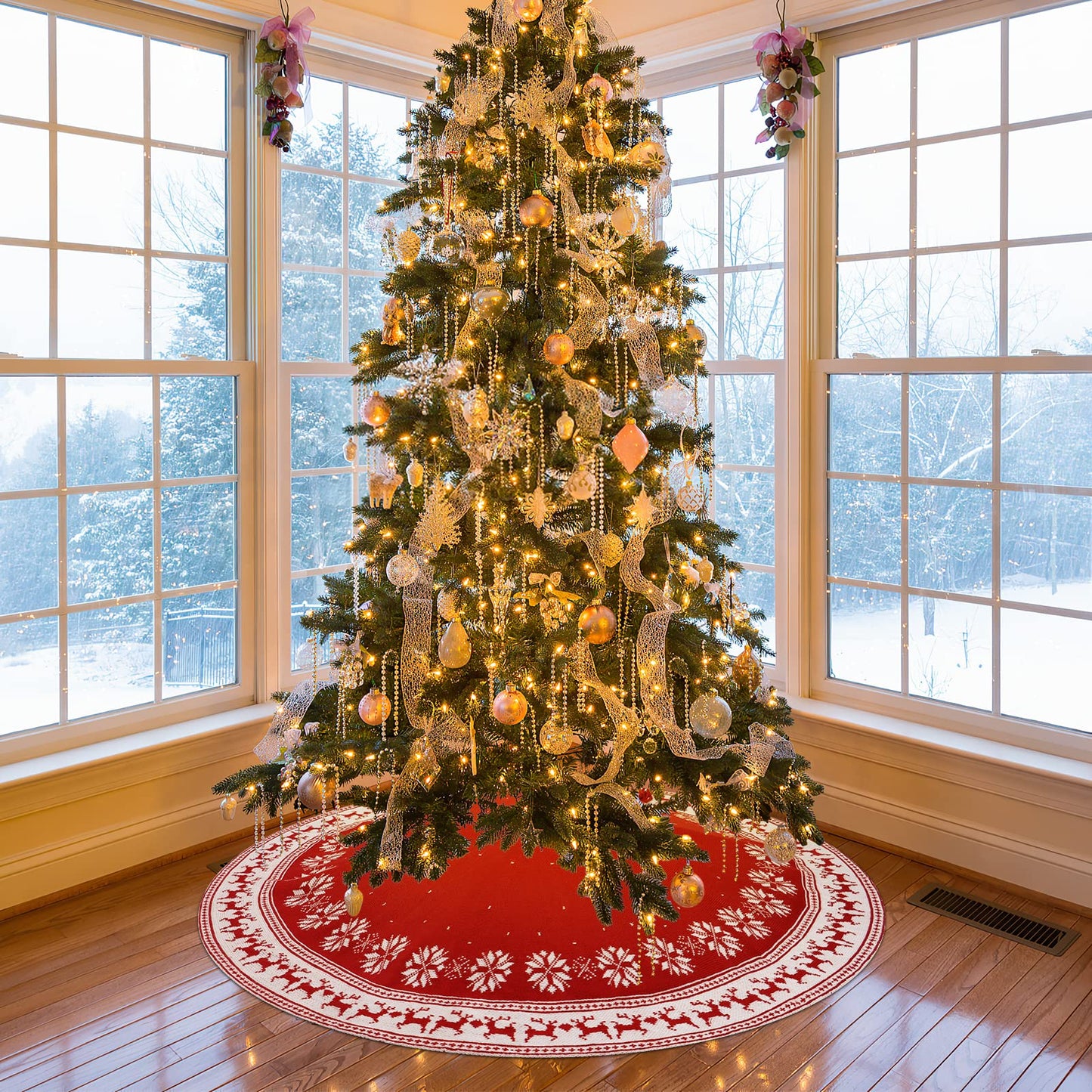 Dreamisland Large Christmas Tree Skirt, 122cm Red Knitted Christmas Tree Skirt Carpet Snowflakes Reindeer Tree Skirt Christmas Tree Skirt Round Tree Stand Mat Home Celebration Christmas Tree Decoration