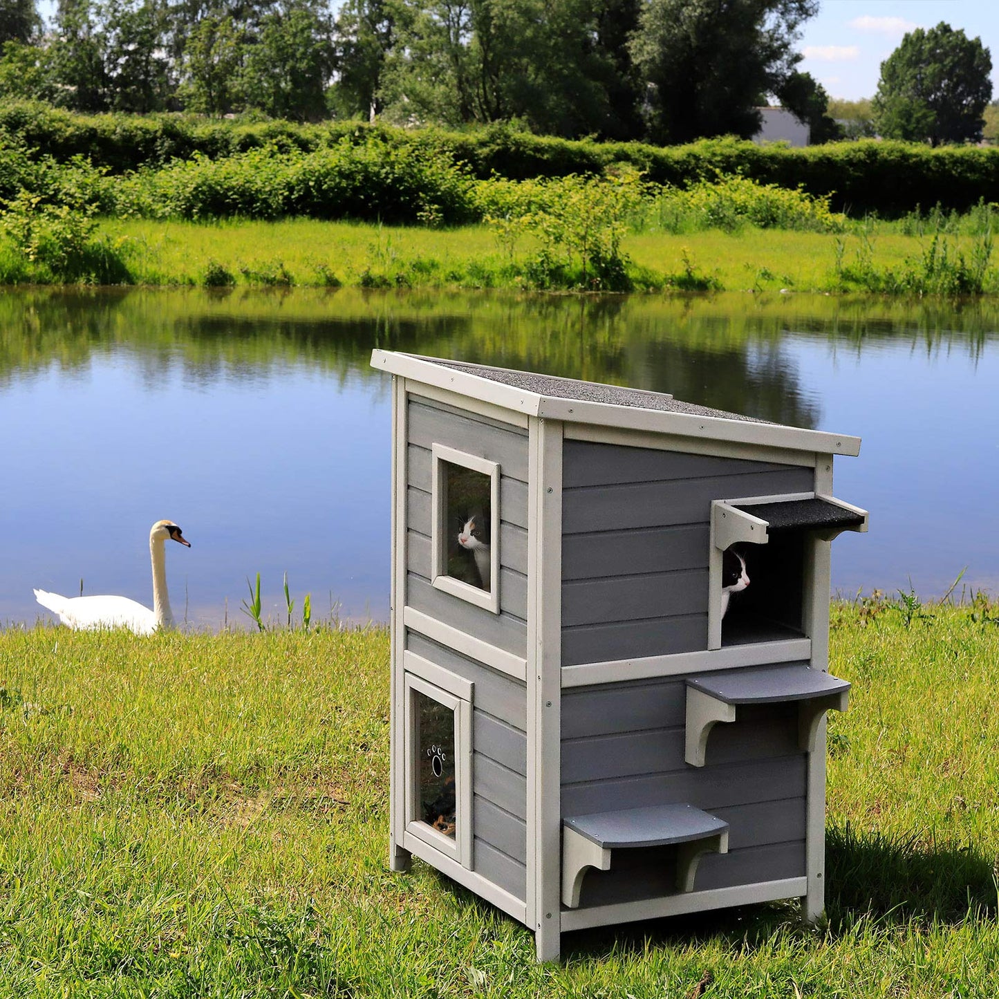 lionto outdoor cat house for playing and resting, wooden house for cats with weatherproof bitumen roof, 56x52x82 cm, window and 3 entrances, sturdy cat hut with assembly instructions, grey/white