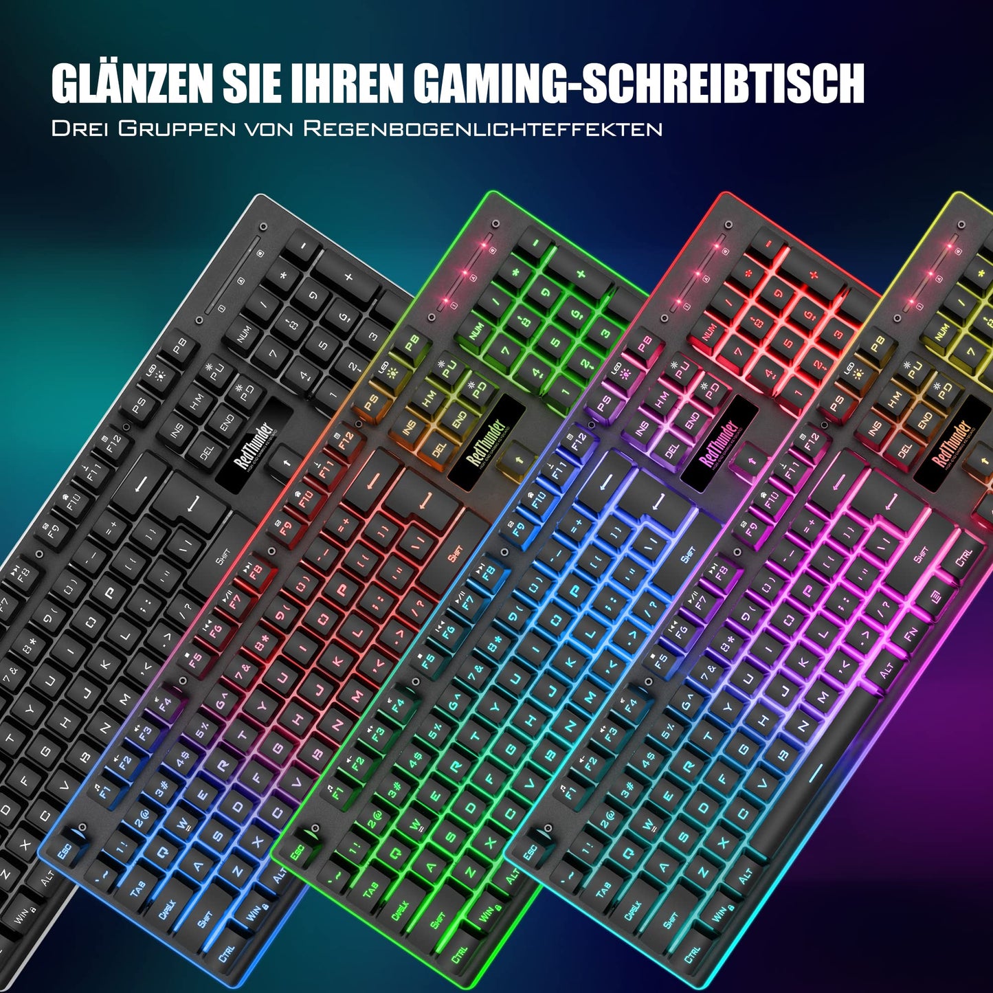 RedThunder K10 Wireless Gaming Keyboard and Mouse Set, QWERTZ DE Layout, 3000mA battery capacity and 3200 DPI for gamers (Black)