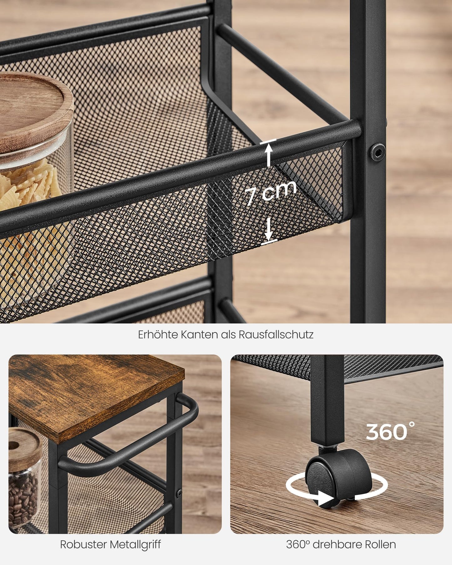 VASAGLE 4-Tier Narrow Kitchen Cart, Slim Rolling Utility Cart, Steel Frame, Handle, for Small Spaces, 8.7 x 17.9 x 30.3 Inches, Kitchen, Bathroom, Living Room, Office, Vintage Brown-Black LRC033B01