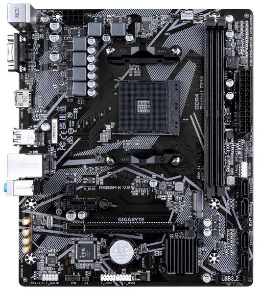 GIGABYTE A520M K V2 motherboard - Supports AMD Ryzen 5000 series AM4 CPUs, up to 5100MHz DDR4 (OC), PCIe Gen3 x4 M.2, GbE LAN, USB 3.2 Gen 1