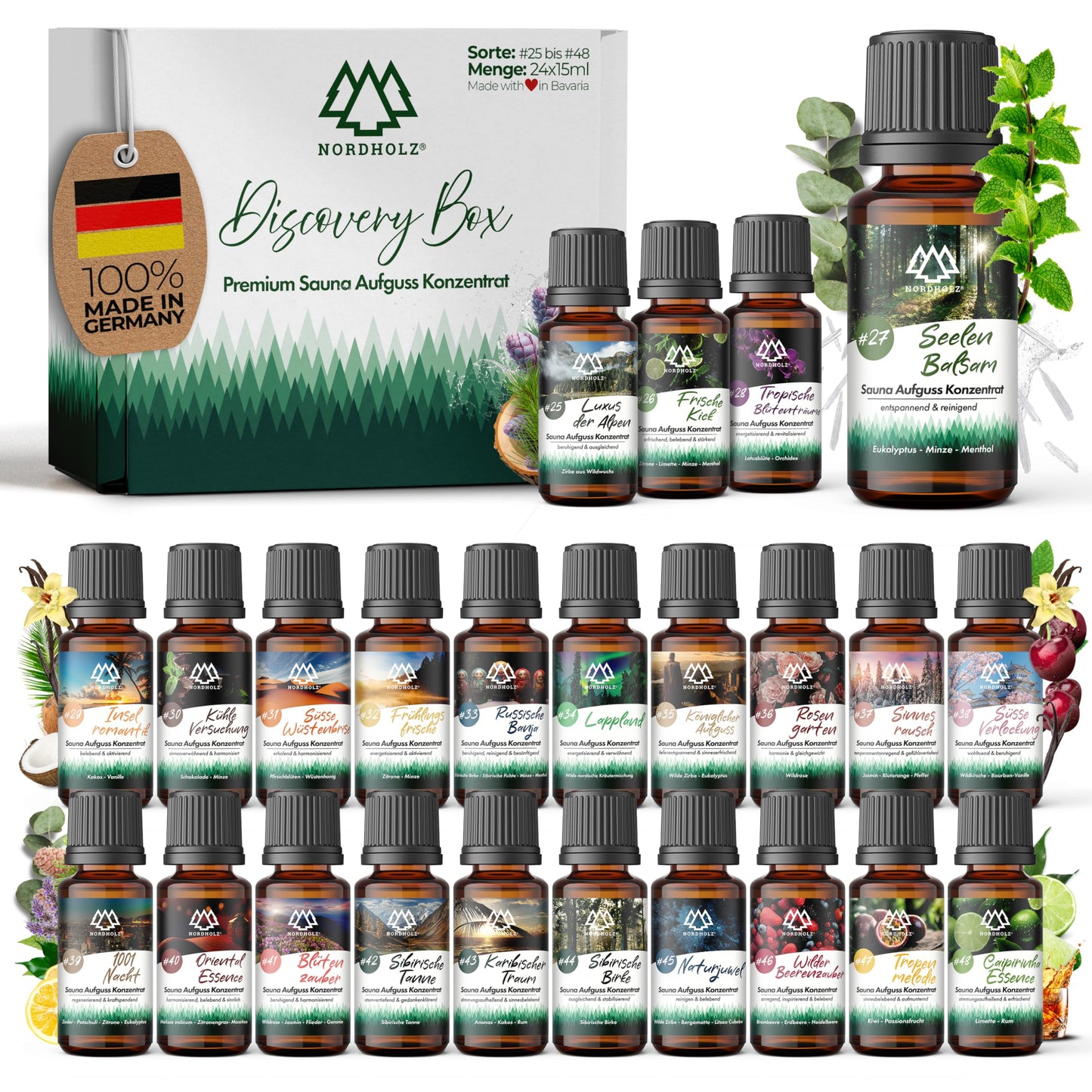 NORDHOLZ® Sauna infusion Discovery Box 24x15ml [#25-#48 PURE ESSENTIAL OILS] Sauna infusion - Sauna infusion from Franconia - Sauna accessories