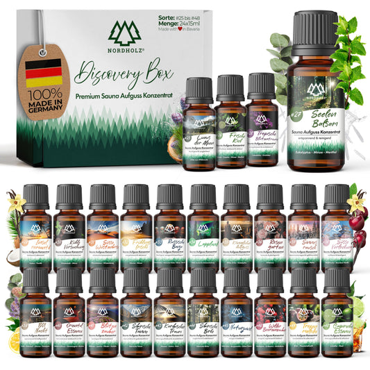 NORDHOLZ® Sauna infusion Discovery Box 24x15ml [#25-#48 PURE ESSENTIAL OILS] Sauna infusion - Sauna infusion from Franconia - Sauna accessories