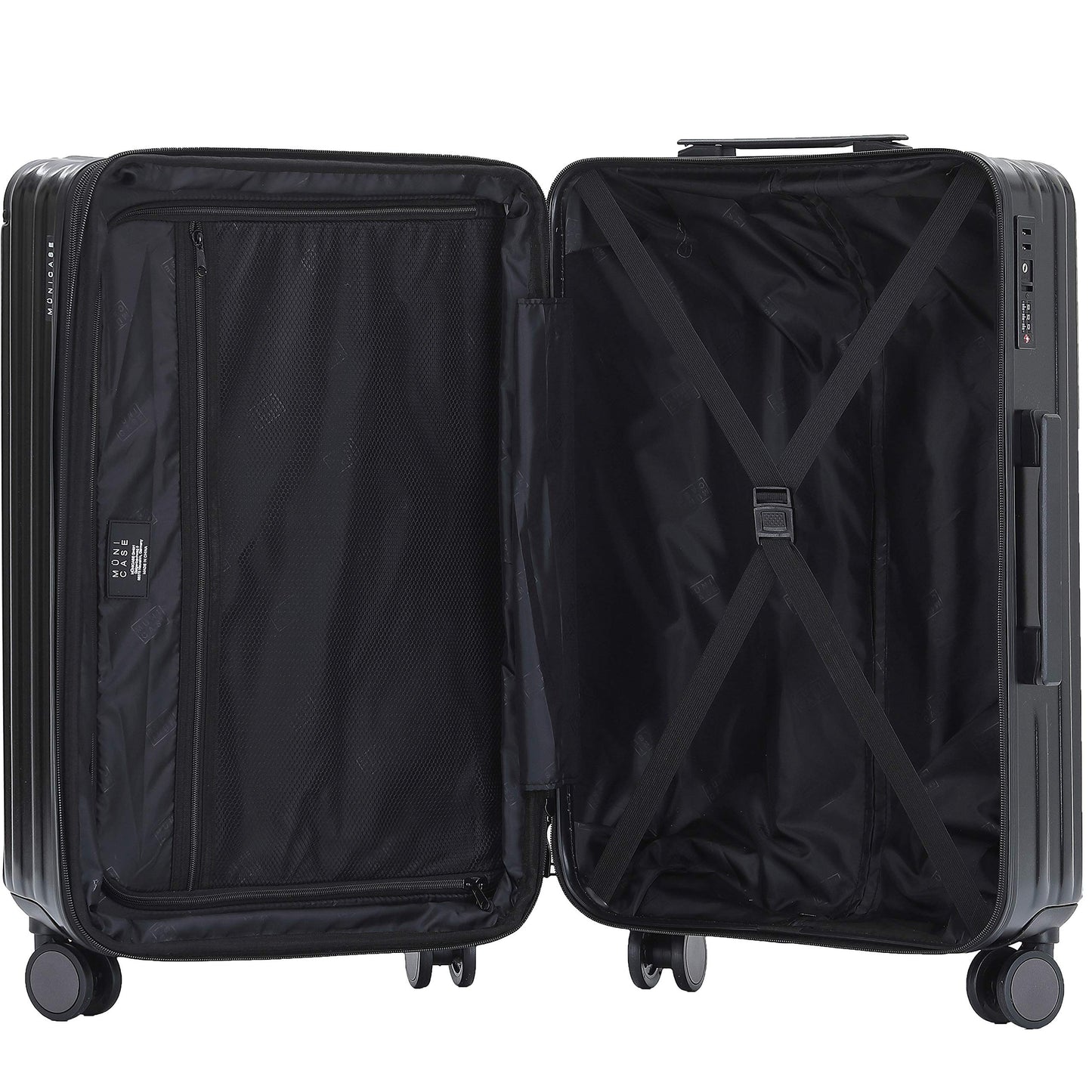 Münicase M816 TSA lock, expansion joint, telescopic handle, 4-wheel travel suitcase, hard shell (black, medium size)