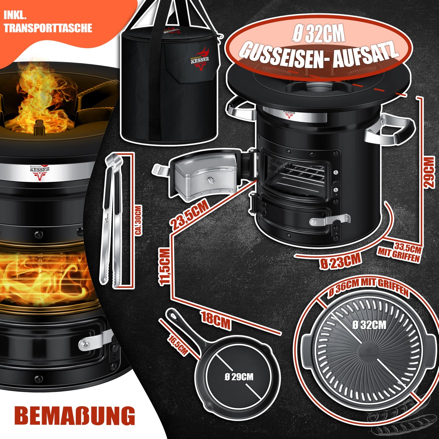 KESSER® Rocket Stove incl. cast iron grill pan, grill plate, tongs & carrying bag | Dutch Oven BBQ Rocket Wood Stove Camping | Outdoor Camping Cooker Camping Grill Stainless Steel Black