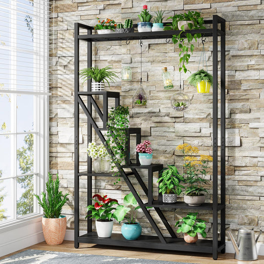 Tribesigns Flower Stand, 7-tier large plant shelf with 5 S-hooks, 180cm tall industrial wooden flower stand for indoor balcony floor plant stand living room (Black)