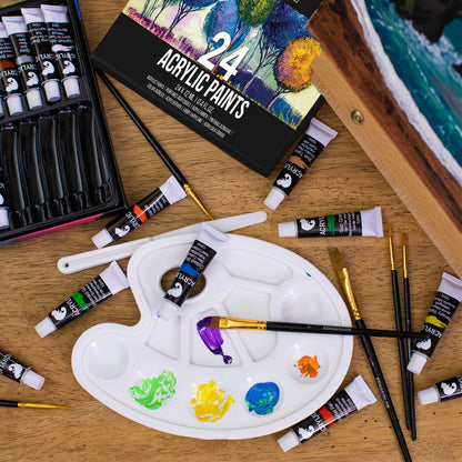 Acrylic paint set for artists 34-piece - with wooden carrying case for adults, easel, 24 tubes of acrylic paint, 6 paintbrushes, canvas, palette knife, and mixing palette.