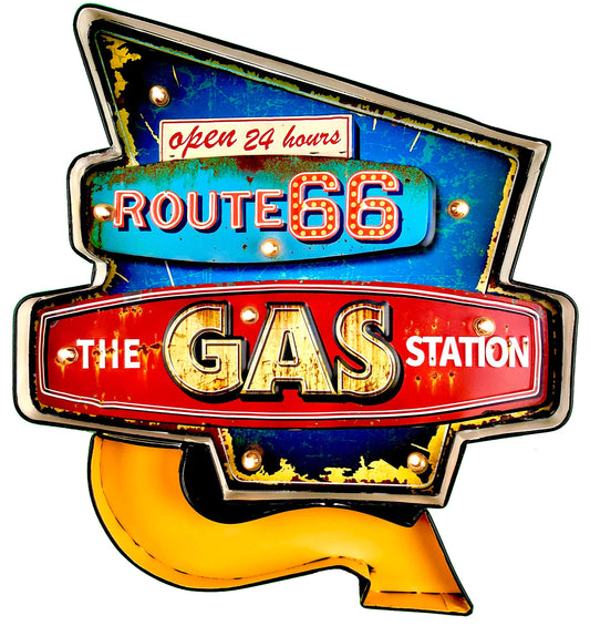 DeiliHiiri Route 66 LED sign Retro style wall decor accessory for home 50s house decoration Vintage metal craft lightbox for garage décor.