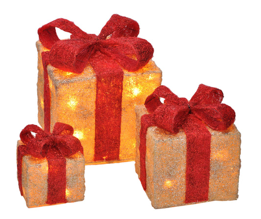 LED gift boxes with timer set of 3 - RED - Christmas decorative boxes illuminated in warm white - Christmas Advent winter tree decoration lighting battery operated