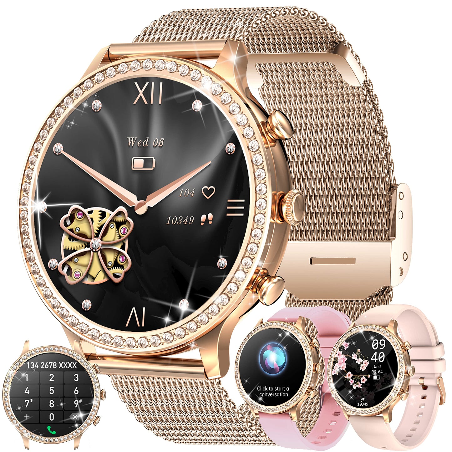Ladies smartwatch with phone function, 1.32 Fitness Watch Diamond Ladies, Fitness Tracker Watch with menstrual cycle, heart rate, SpO2, sleep monitor, pedometer, wristwatch for Android iOS (Gold)