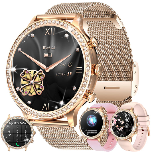 Ladies smartwatch with phone function, 1.32 Fitness Watch Diamond Ladies, Fitness Tracker Watch with menstrual cycle, heart rate, SpO2, sleep monitor, pedometer, wristwatch for Android iOS (Gold)