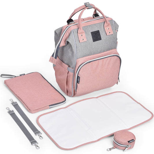 Daliya® PAKMI diaper backpack with pacifier pocket & changing pad & changing pad pouch & keychain - diaper bag mom bag backpack with lots of storage space - pink grey