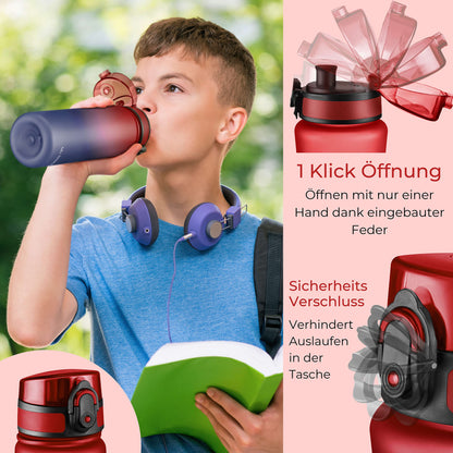 My Vesperbox Minny Kids Water Bottle 500ml - Leakproof & BPA-free - includes spare seal, cleaning brush, fruit infuser & optional straw - perfect for school, kindergarten & sports.
