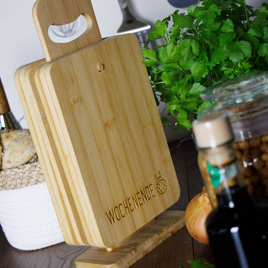 Ready to use | Set of 6 bamboo breakfast boards with stand | Wooden board stand with breakfast boards | Cutting board set "Days of the Week - Kids" | Funny kitchen accessory