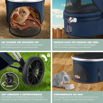 LOVPET® 3in1 dog stroller for dogs up to 20kg. Can be used as a dog carrier bag, foldable and collapsible. Features large wheels, mesh windows, rain cover, cup holder, and cozy blanket. Also suitable for cats, jogging, and outdoor activities.