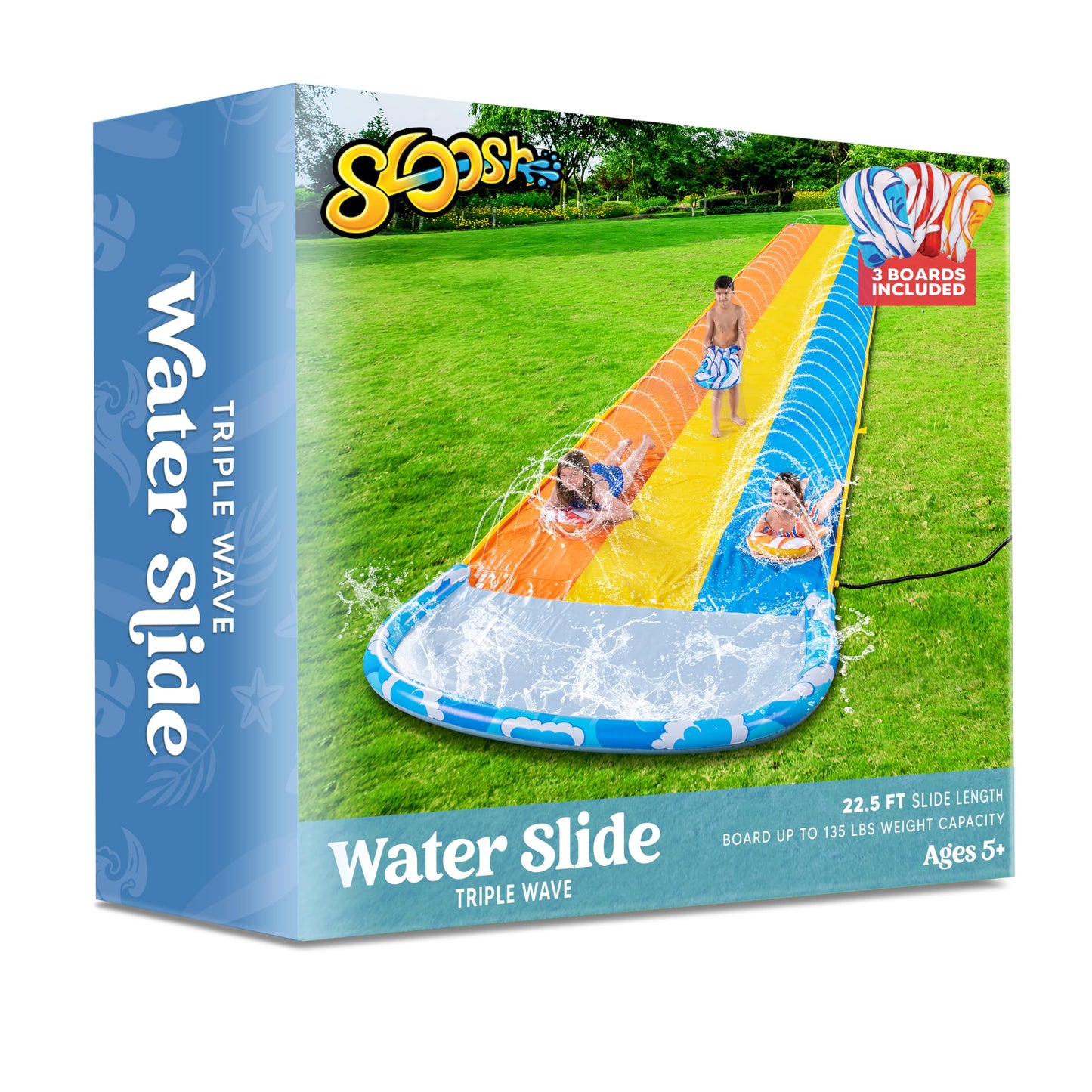 JOYIN 22.6ft Triple Water Slide and 3 Boogie Boards, durable lawn water slides, water slide and sprinkler for kids, adults, backyard, summer, water toys, outdoor fun.