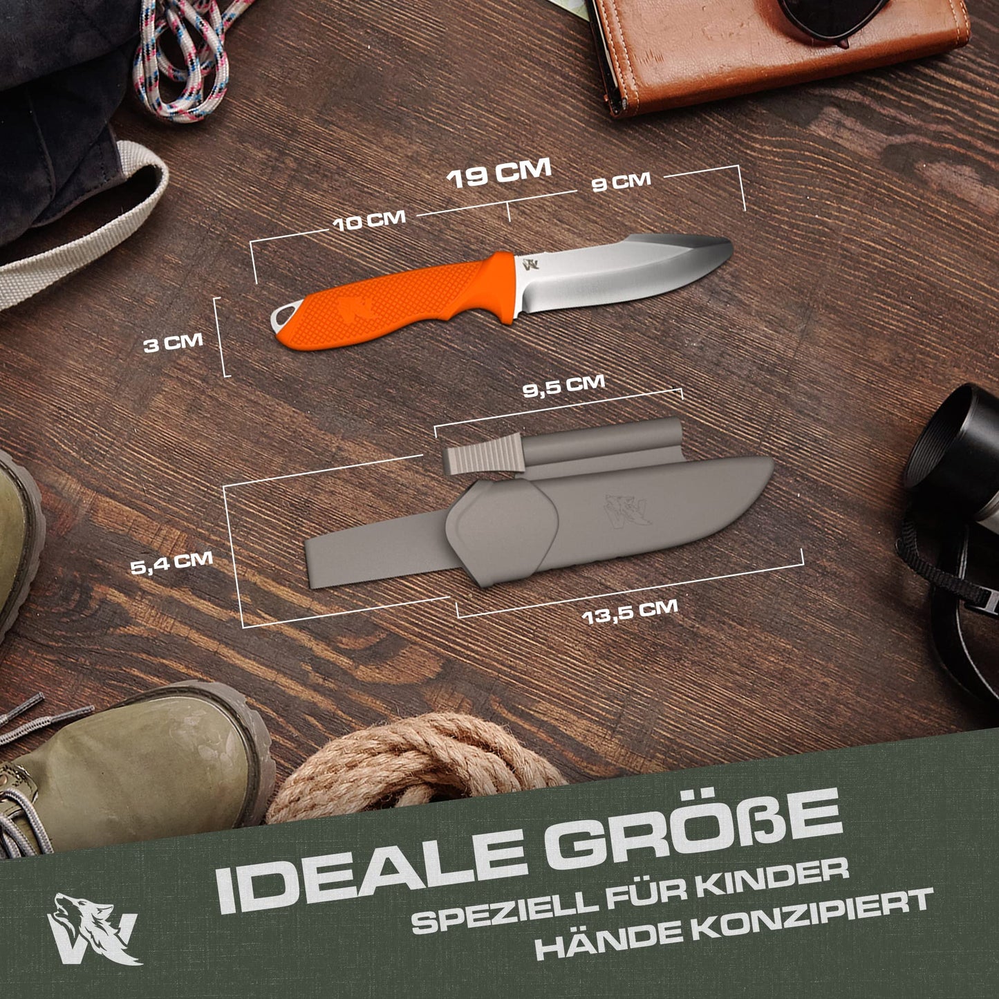 Wolfgang's W-KIDS - Carving knife for children with sweet children's knife license - Outdoor children's knife set with sheath and fire steel - THE children's carving knife for their first big adventure