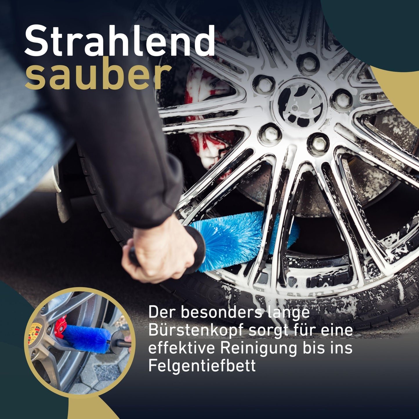 Aurum-Performance® Wheel Brush for effective car cleaning - Professional long wheel brush for gentle wheel cleaning - Wheel Brush alloy wheel cleaning brush.
