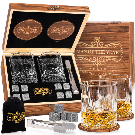 Whiskey Glass Set - Whiskey Gift Set Glass - Whiskey Glasses - Gifts for Men - Men's Gifts - Birthday Gift for Man - Gift Box, 2 Rum Glasses x 310ML, 8 Whiskey Stones