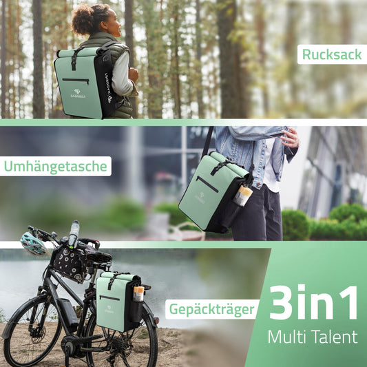 RADGEIST 3in1 bike bag for luggage rack - bike backpack - luggage rack bag - shoulder bag - with laptop compartment - waterproof - 25L - mint