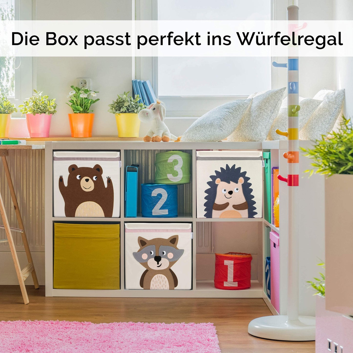 LUCKY CLOUD Kids Storage Box - 15 designs I Toy chest with lid for children's room I Toy boxes (33x33x33) for storage in the Kallax shelf I Forest animals design Raccoon