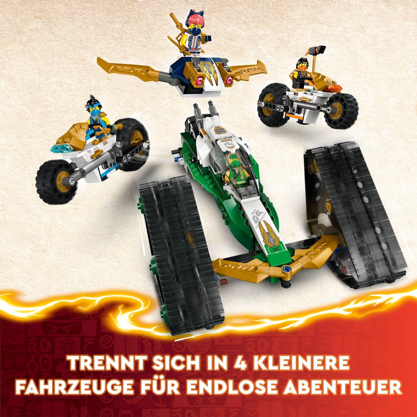 LEGO NINJAGO Ninja Team Combo Crawler, 4-in-1 set with glider, race car, and 2 motorcycles, includes 6 minifigures, perfect gift for boys and girls, ninja toy 71820