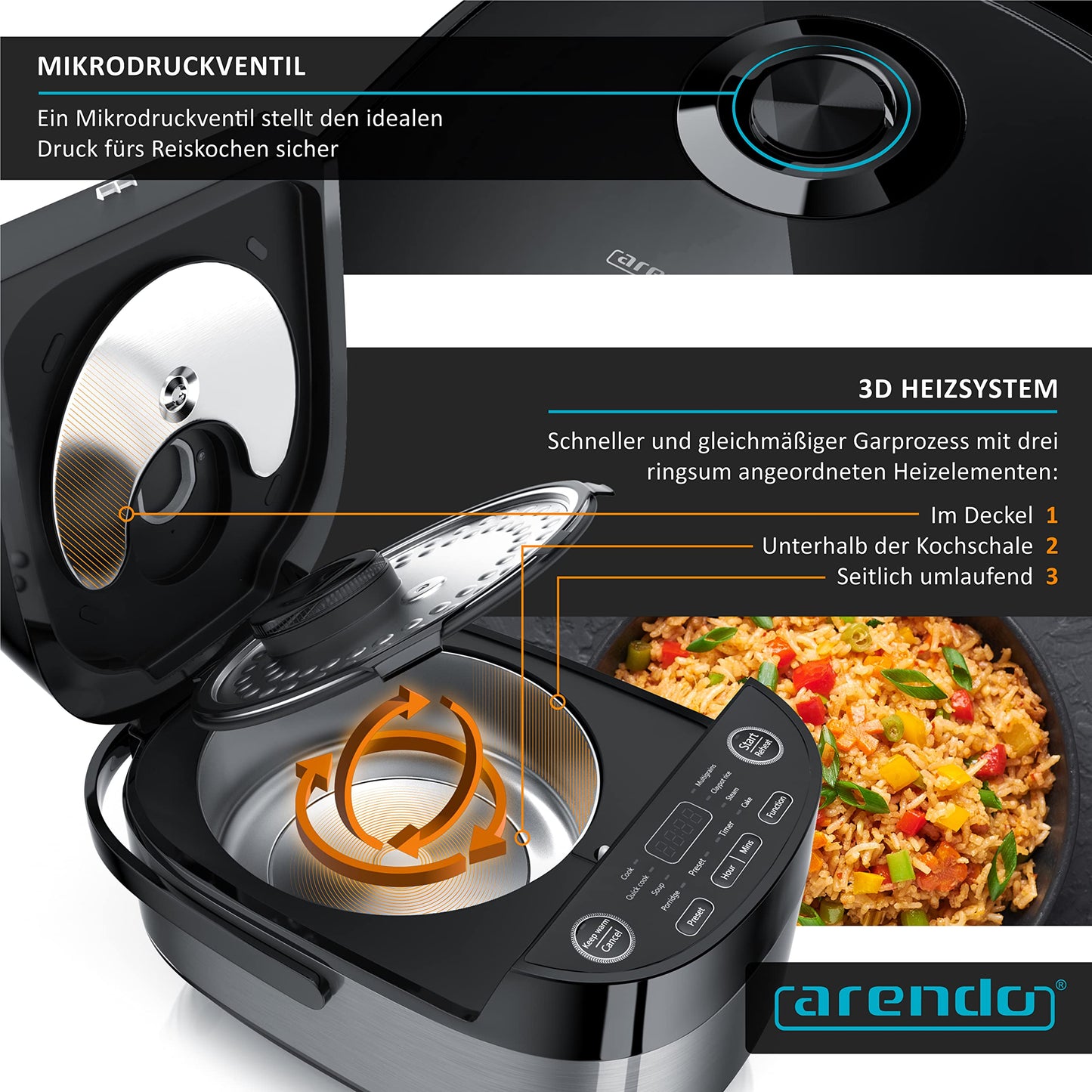 Arendo - Rice Cooker Multicooker Digital and Steamer 4L - 3D Heating System - 8 Programs - Keep Warm Function - Timer - Non-Stick Coating - including Steaming Insert, Measuring Cup, Rice Scoop, Black