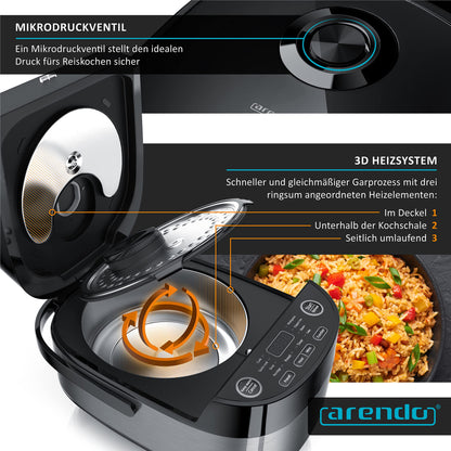 Arendo - Rice Cooker Multicooker Digital and Steamer 4L - 3D Heating System - 8 Programs - Keep Warm Function - Timer - Non-Stick Coating - including Steaming Insert, Measuring Cup, Rice Scoop, Black