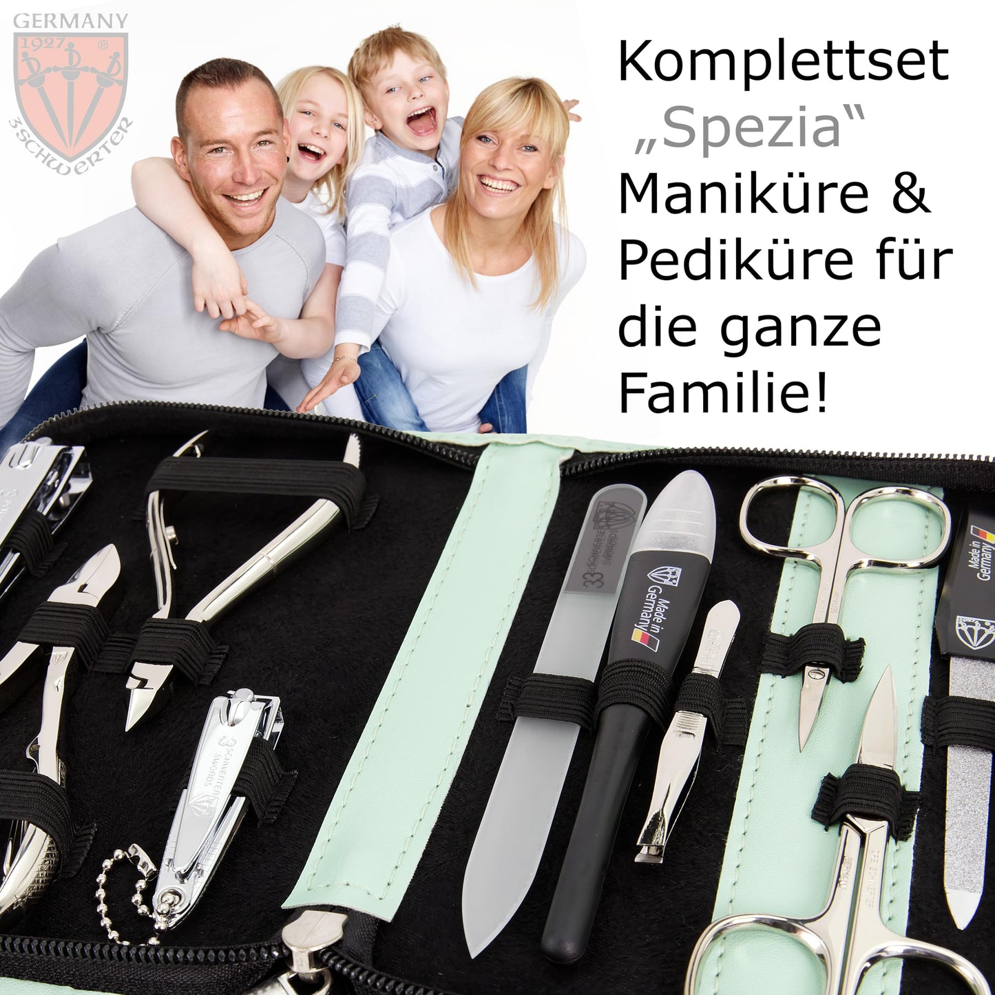THREE SWORDS - Germany 10-piece Manicure Set 'Spezia' | Nail case in faux leather mint | Contents: Nail scissors, Cuticle scissors, Nail clippers, Tweezers, Glass nail file, and more