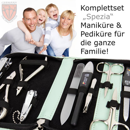 THREE SWORDS - Germany 10-piece Manicure Set 'Spezia' | Nail case in faux leather mint | Contents: Nail scissors, Cuticle scissors, Nail clippers, Tweezers, Glass nail file, and more