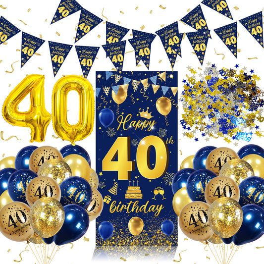 40th Birthday Decorations Banner & Garland - Blue-Gold, Balloons & Confetti